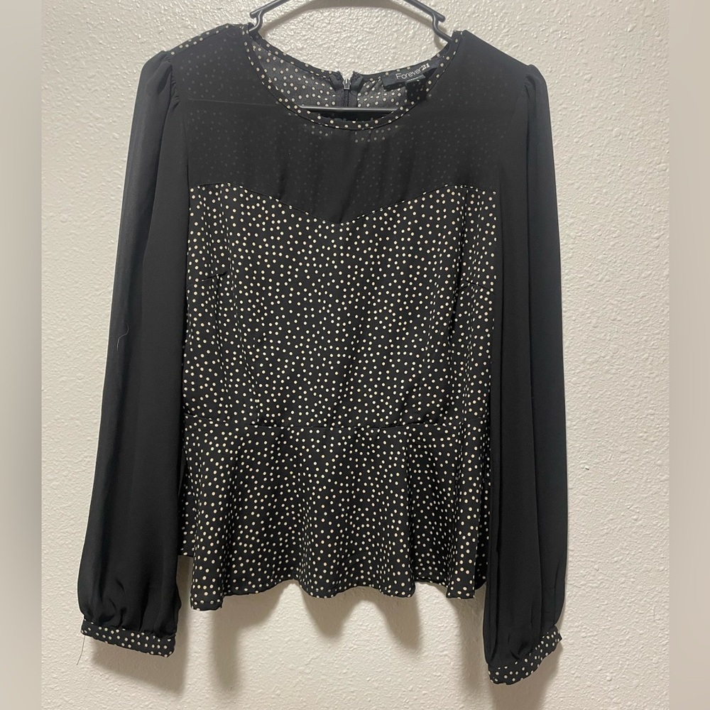 Back & Beige Polkadot Long Sleeve Blouse